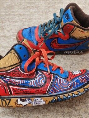 Nike Custom Hand-Painted Artwork Colorful Sneakers Red, Blue, Tan Youth Sz 5.5Y
